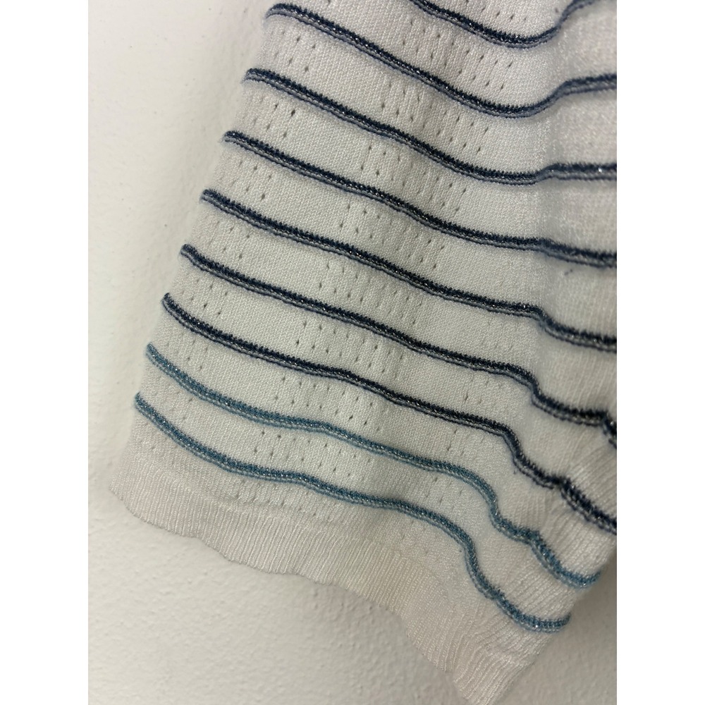 Chico's Open Front Knit Cardigan White Blue Wave Stripe Shimmer 3/4 Sleeve 2 - Picture 5 of 10
